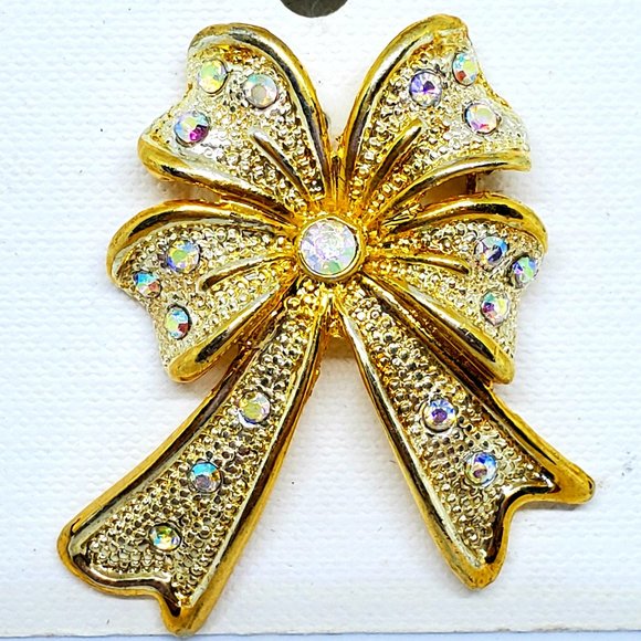 Vintage Holiday Rhinestone Bow Pin Brooch Gold & Silver Christmas Holiday - NOS - Picture 4 of 6